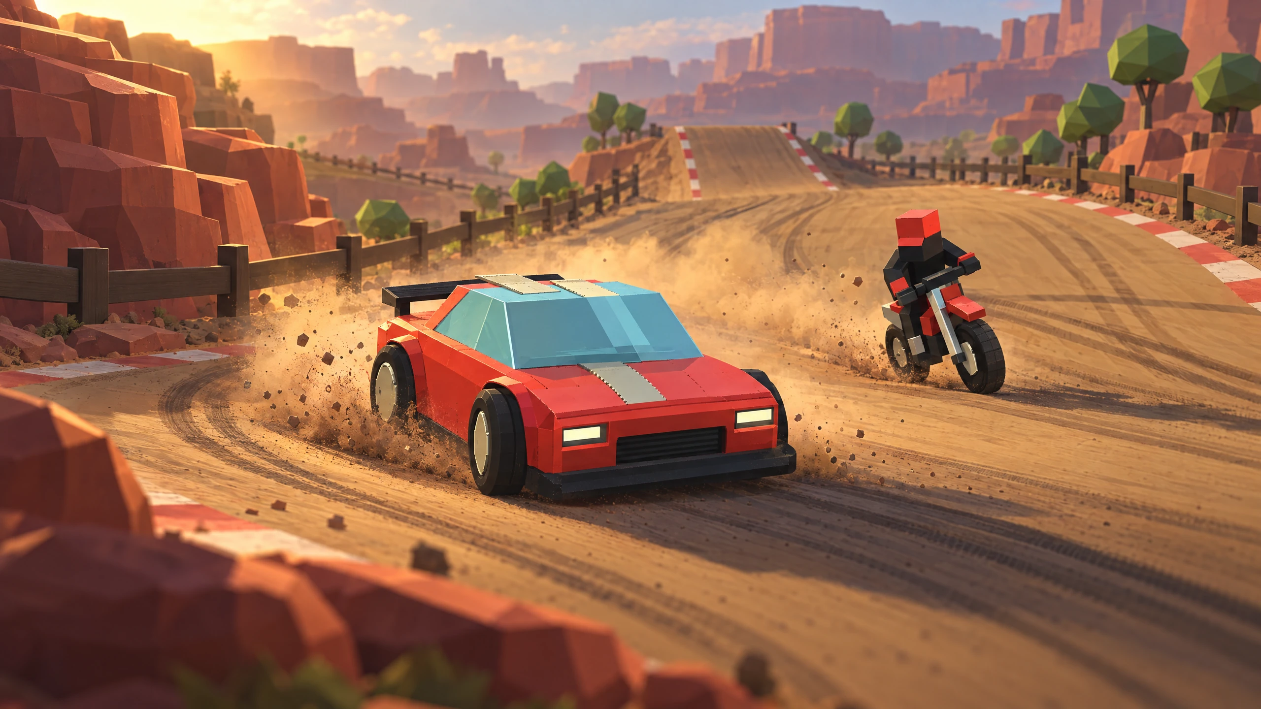 Cinematic artwork inspired by ArcRace: a red arcade car and dirt bike racing through a sunlit canyon; not a gameplay screenshot