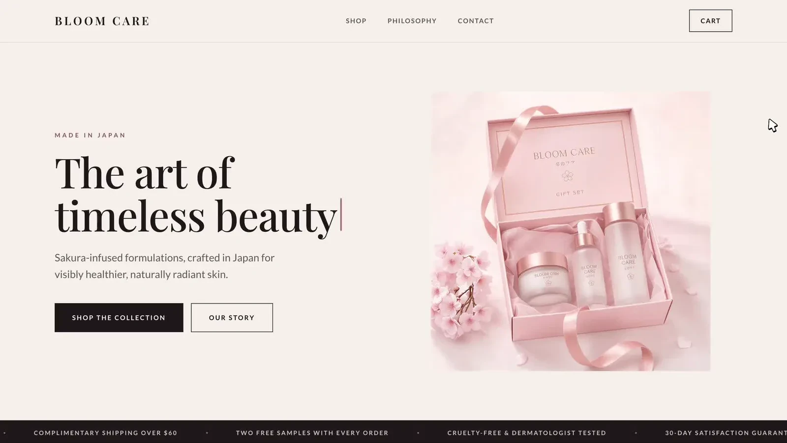 BLOOM CARE demo landing page with a cream layout and pink skincare products