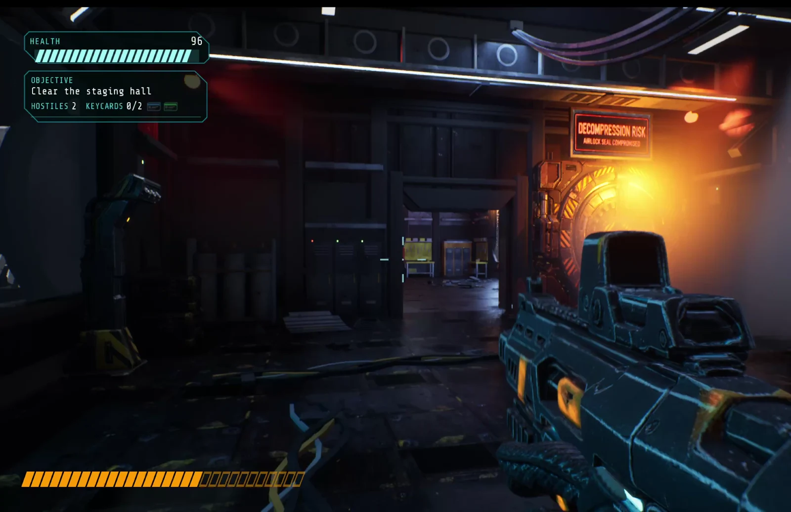 Actual Unreal gameplay: a sci-fi station, illuminated airlock and first-person weapon